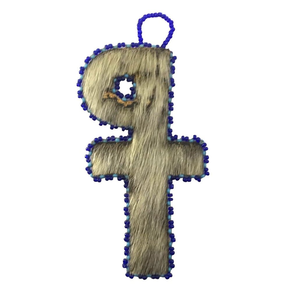 Unique Handmade Animal Hide Chi Rho Cross Ornament with Blue Seed Bead Trim - Picture 3 of 4